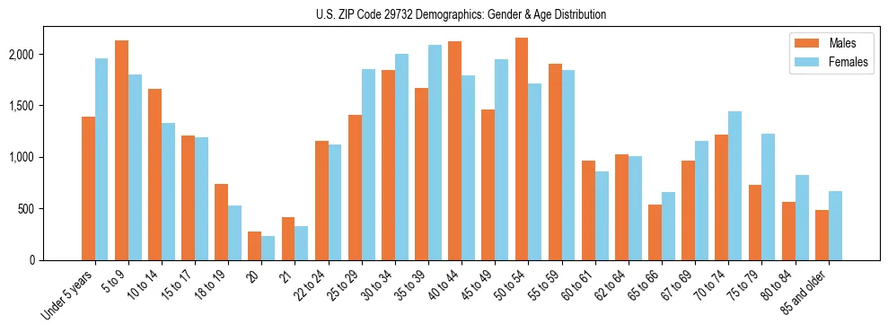 Bar chart showing the population distribution of US ZIP Code 29732 by age group and gender, based on 2023 ACS data.