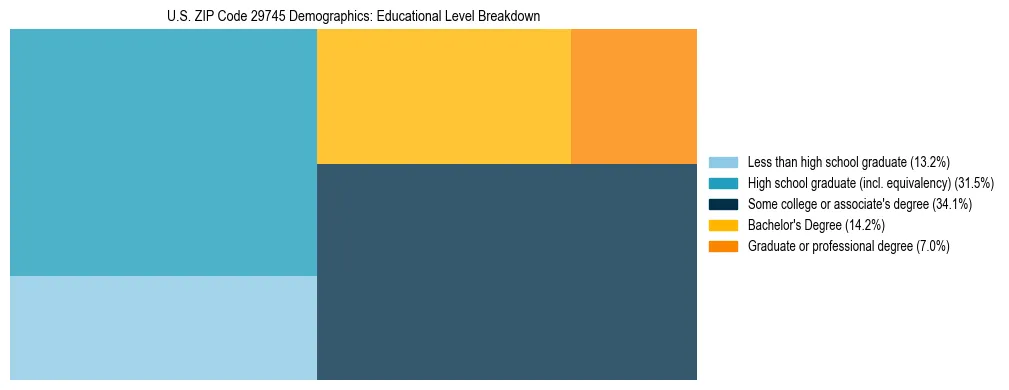 Treemap chart illustrating the educational attainment breakdown for population 25 years and over in US ZIP Code 29745.