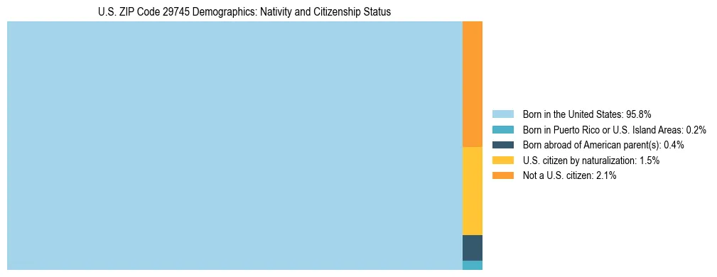Treemap showing the population distribution by nativity and citizenship status in US ZIP Code 29745 based on U.S. Census data.