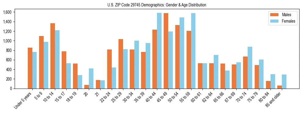 Bar chart showing the population distribution of US ZIP Code 29745 by age group and gender, based on 2023 ACS data.