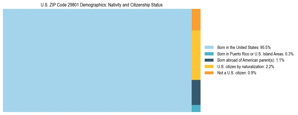 Treemap showing the population distribution by nativity and citizenship status in US ZIP Code 29801 based on U.S. Census data.