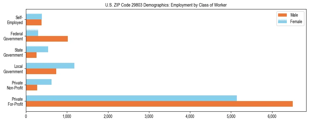 Horizontal bar chart showing employment distribution by class of worker and gender in US ZIP Code 29803, based on 2023 ACS data.