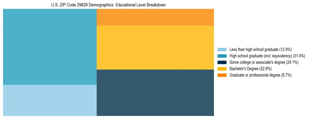Treemap chart illustrating the educational attainment breakdown for population 25 years and over in US ZIP Code 29829.