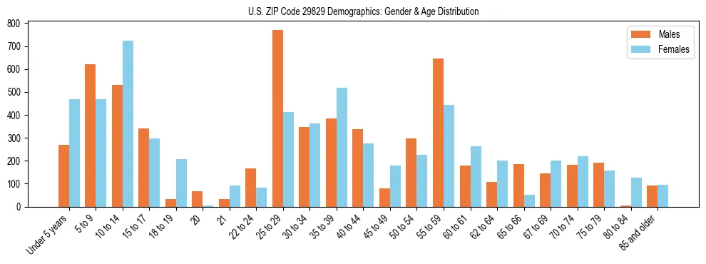 Bar chart showing the population distribution of US ZIP Code 29829 by age group and gender, based on 2023 ACS data.