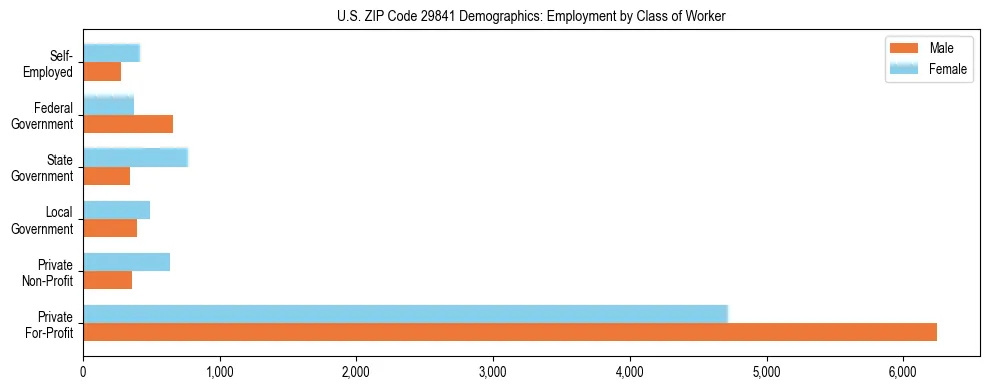 Horizontal bar chart showing employment distribution by class of worker and gender in US ZIP Code 29841, based on 2023 ACS data.