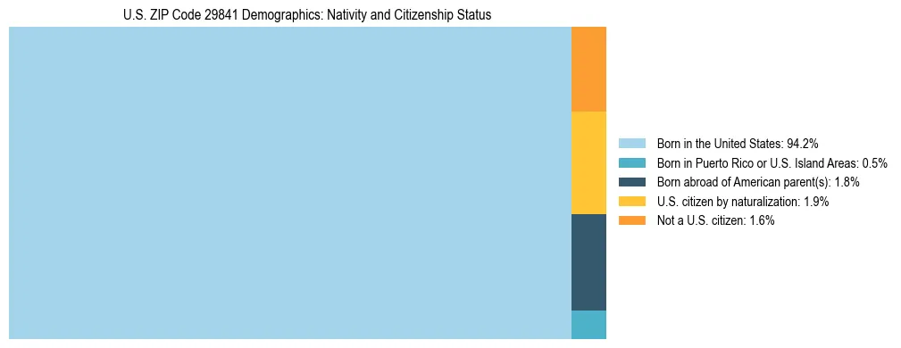 Treemap showing the population distribution by nativity and citizenship status in US ZIP Code 29841 based on U.S. Census data.