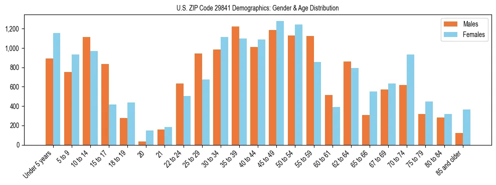 Bar chart showing the population distribution of US ZIP Code 29841 by age group and gender, based on 2023 ACS data.