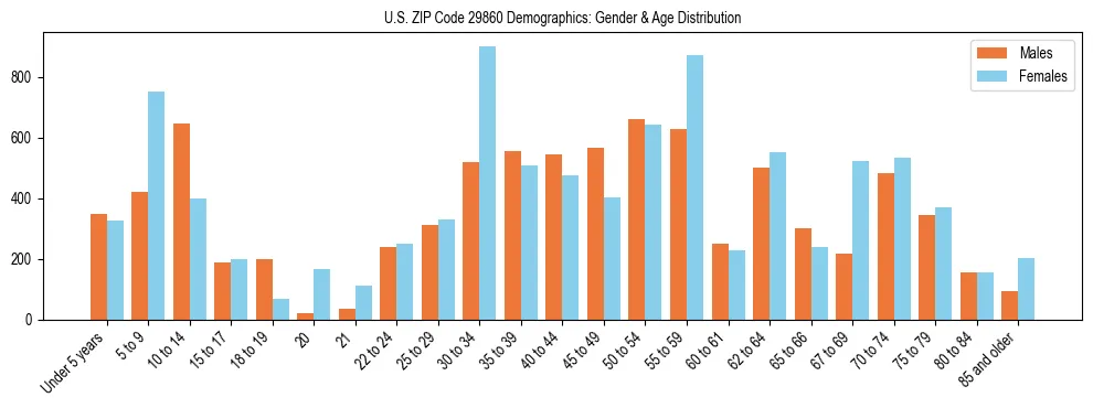 Bar chart showing the population distribution of US ZIP Code 29860 by age group and gender, based on 2023 ACS data.