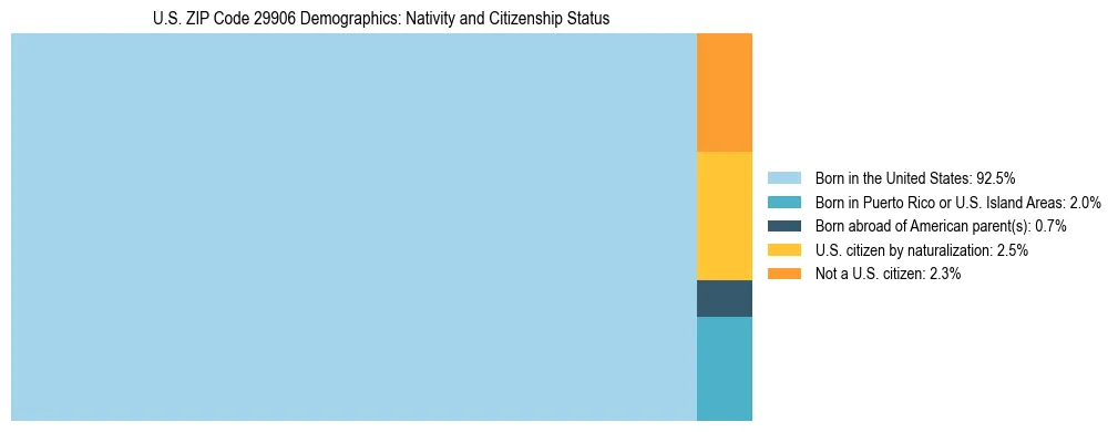 Treemap showing the population distribution by nativity and citizenship status in US ZIP Code 29906 based on U.S. Census data.