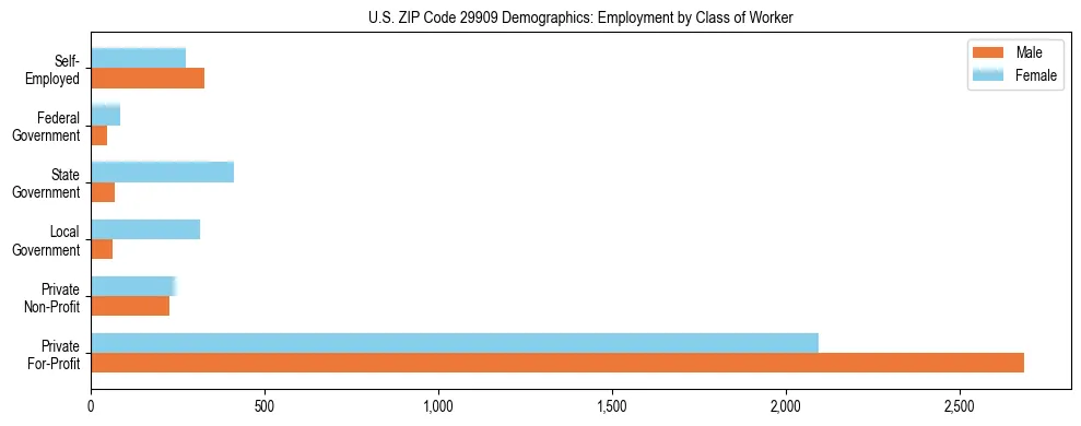 Horizontal bar chart showing employment distribution by class of worker and gender in US ZIP Code 29909, based on 2023 ACS data.