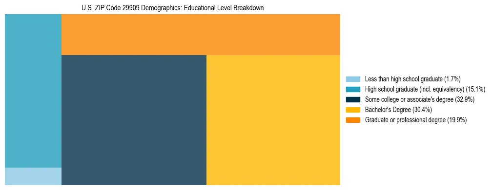 Treemap chart illustrating the educational attainment breakdown for population 25 years and over in US ZIP Code 29909.