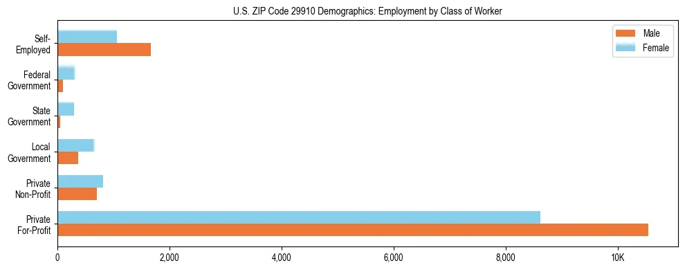 Horizontal bar chart showing employment distribution by class of worker and gender in US ZIP Code 29910, based on 2023 ACS data.