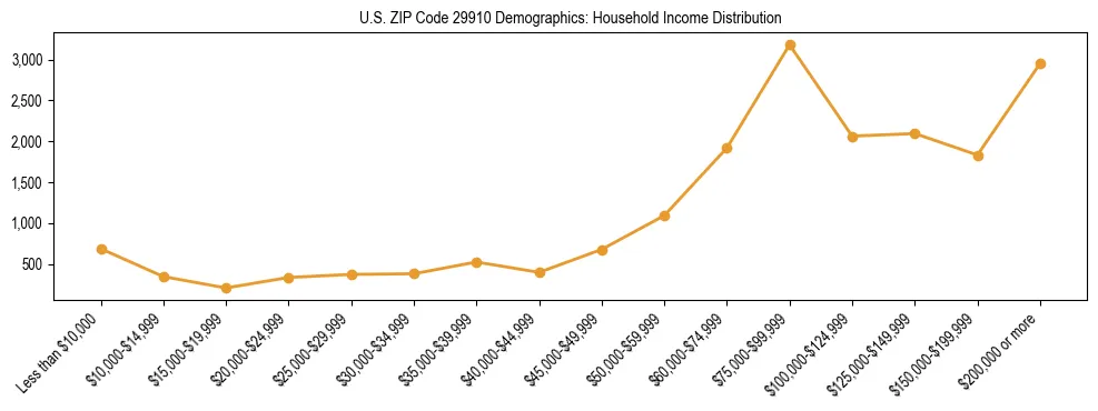 Horizontal bar chart showing household income distribution in US ZIP Code 29910.