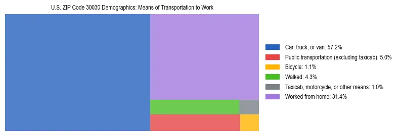 Treemap showing means of transportation to work distribution in US ZIP Code 30030.