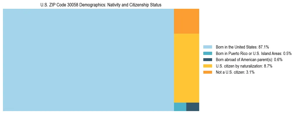 Treemap showing the population distribution by nativity and citizenship status in US ZIP Code 30058 based on U.S. Census data.
