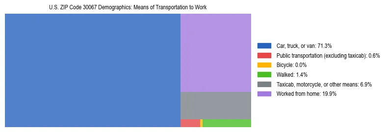 Treemap showing means of transportation to work distribution in US ZIP Code 30067.