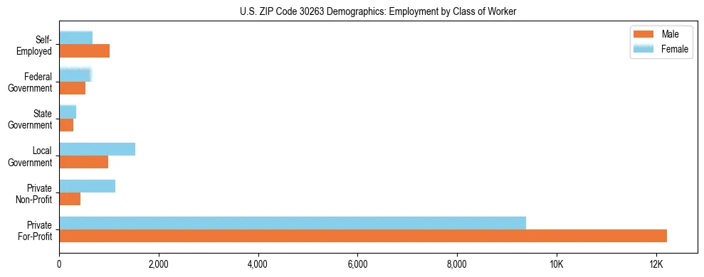 Horizontal bar chart showing employment distribution by class of worker and gender in US ZIP Code 30263, based on 2023 ACS data.