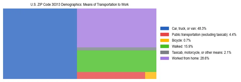 Treemap showing means of transportation to work distribution in US ZIP Code 30313.