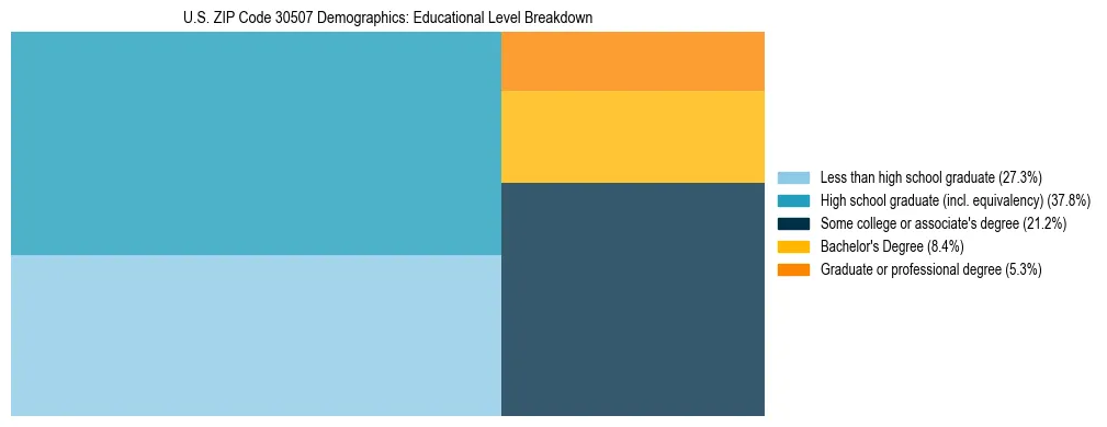 Treemap chart illustrating the educational attainment breakdown for population 25 years and over in US ZIP Code 30507.