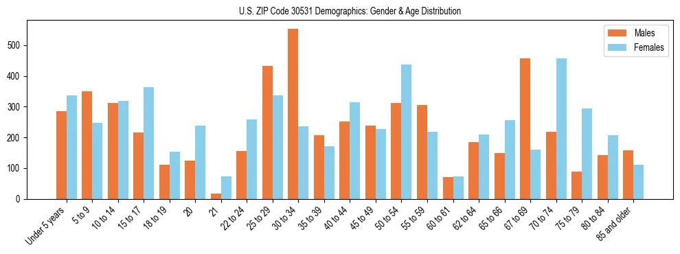 Bar chart showing the population distribution of US ZIP Code 30531 by age group and gender, based on 2023 ACS data.