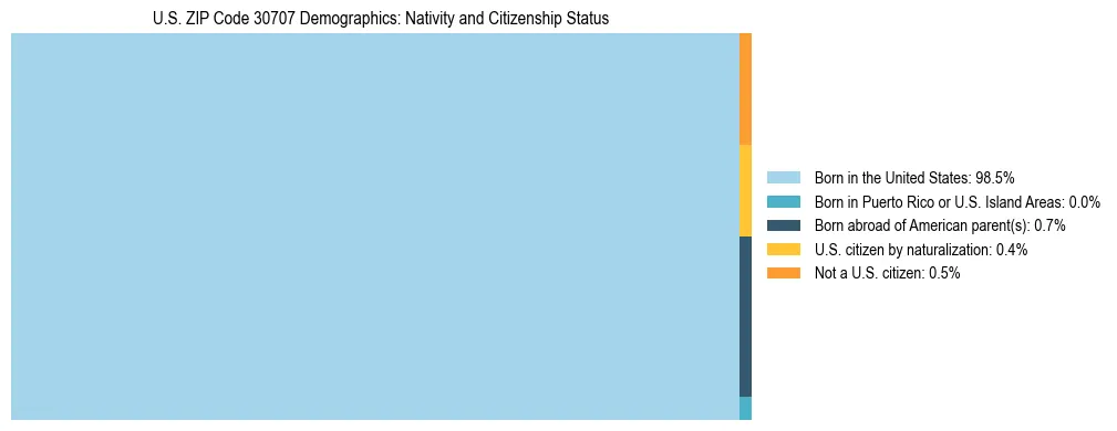 Treemap showing the population distribution by nativity and citizenship status in US ZIP Code 30707 based on U.S. Census data.
