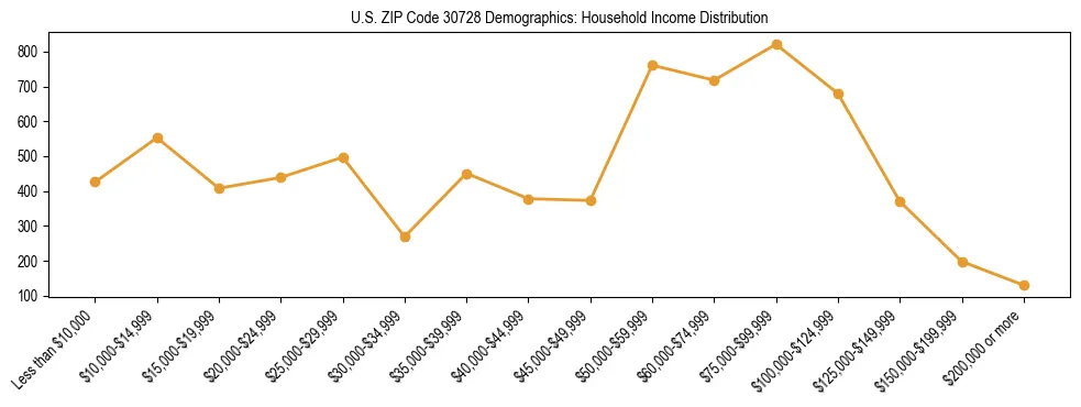 Horizontal bar chart showing household income distribution in US ZIP Code 30728.