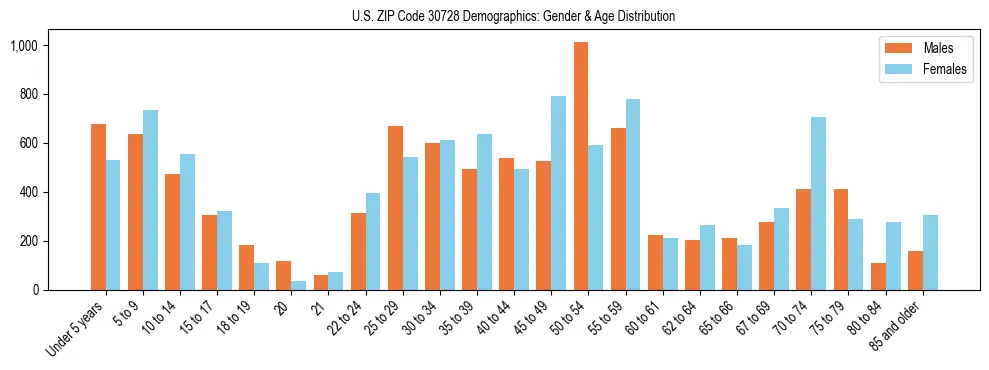 Bar chart showing the population distribution of US ZIP Code 30728 by age group and gender, based on 2023 ACS data.