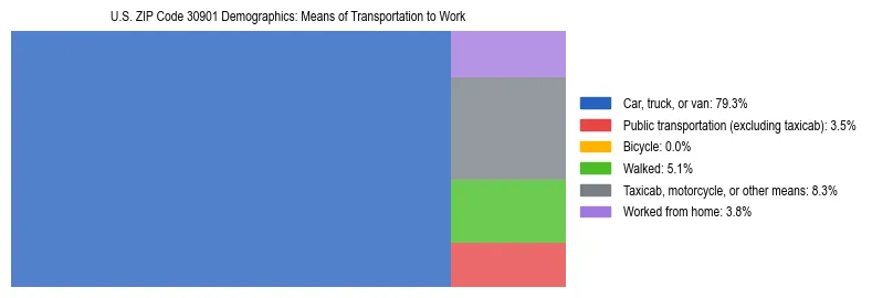 Treemap showing means of transportation to work distribution in US ZIP Code 30901.
