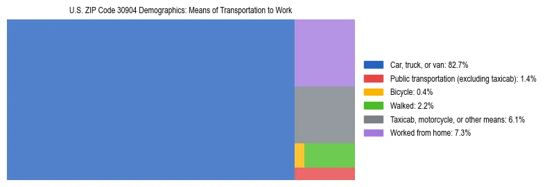 Treemap showing means of transportation to work distribution in US ZIP Code 30904.