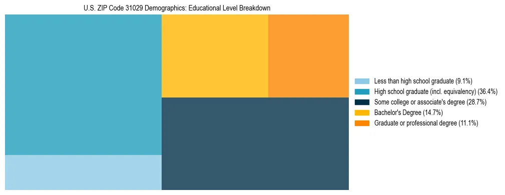 Treemap chart illustrating the educational attainment breakdown for population 25 years and over in US ZIP Code 31029.