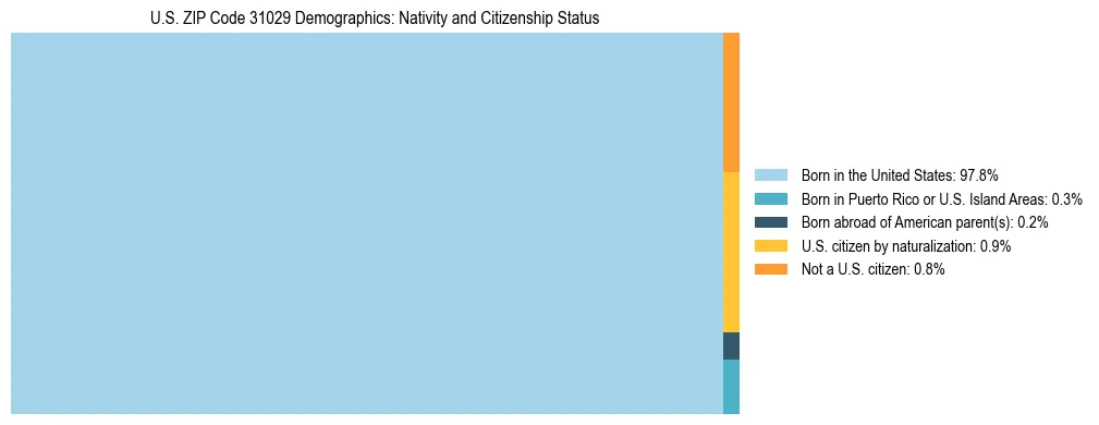 Treemap showing the population distribution by nativity and citizenship status in US ZIP Code 31029 based on U.S. Census data.