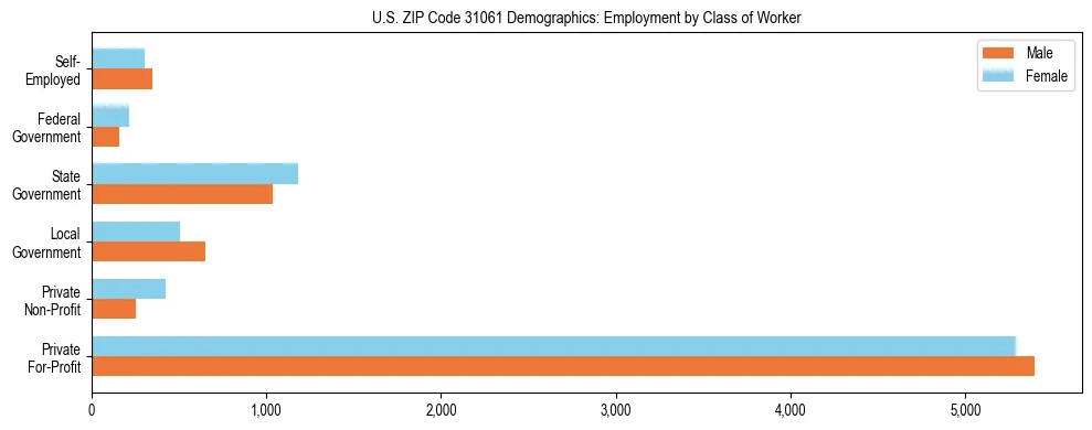 Horizontal bar chart showing employment distribution by class of worker and gender in US ZIP Code 31061, based on 2023 ACS data.