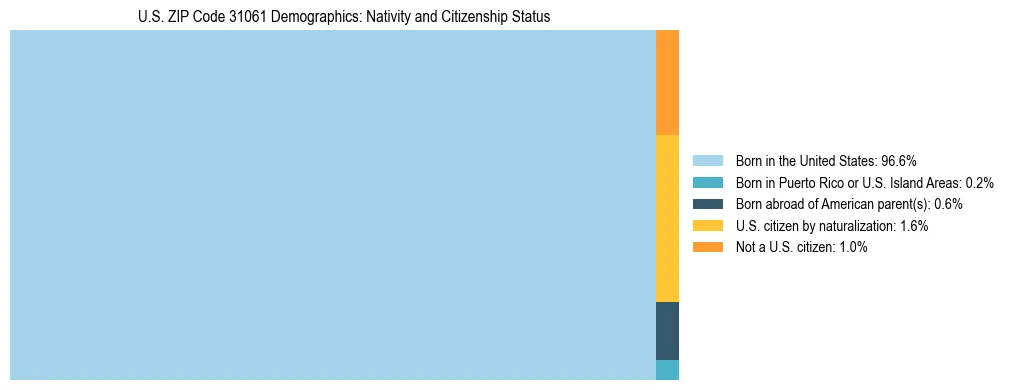 Treemap showing the population distribution by nativity and citizenship status in US ZIP Code 31061 based on U.S. Census data.