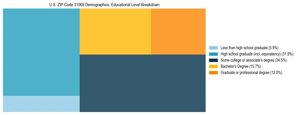 Treemap chart illustrating the educational attainment breakdown for population 25 years and over in US ZIP Code 31069.