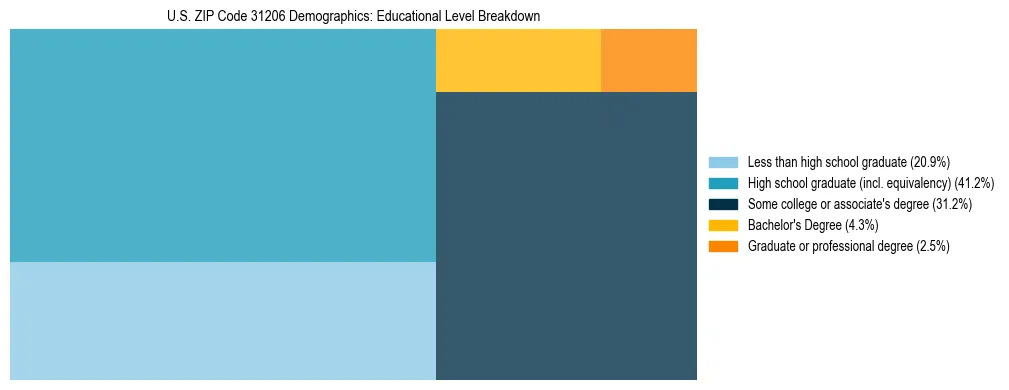 Treemap chart illustrating the educational attainment breakdown for population 25 years and over in US ZIP Code 31206.