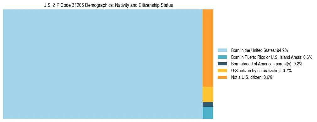 Treemap showing the population distribution by nativity and citizenship status in US ZIP Code 31206 based on U.S. Census data.
