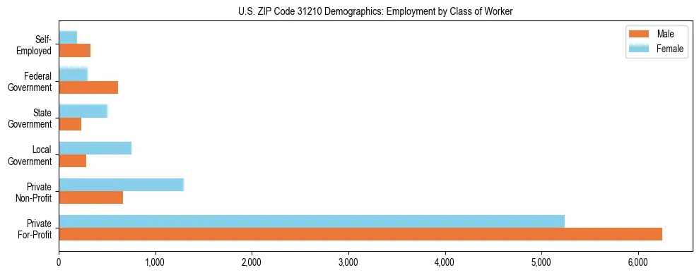 Horizontal bar chart showing employment distribution by class of worker and gender in US ZIP Code 31210, based on 2023 ACS data.