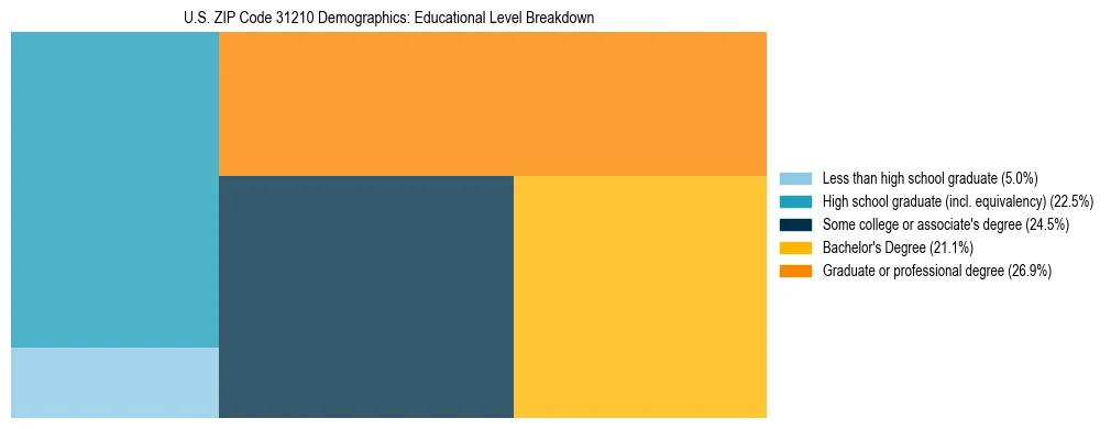 Treemap chart illustrating the educational attainment breakdown for population 25 years and over in US ZIP Code 31210.