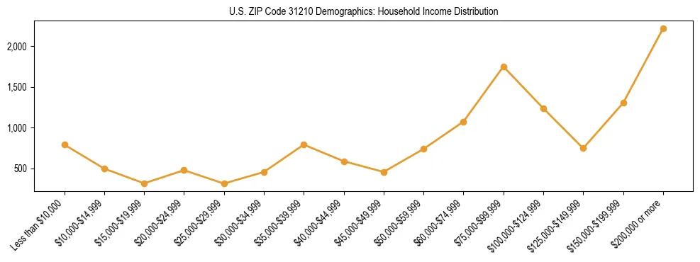 Horizontal bar chart showing household income distribution in US ZIP Code 31210.