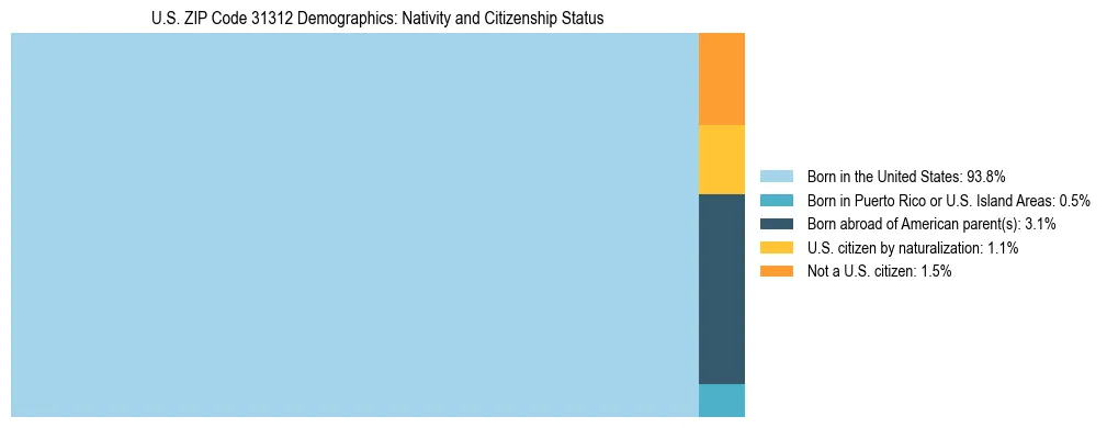 Treemap showing the population distribution by nativity and citizenship status in US ZIP Code 31312 based on U.S. Census data.
