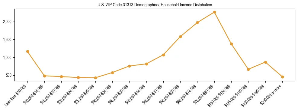 Horizontal bar chart showing household income distribution in US ZIP Code 31313.