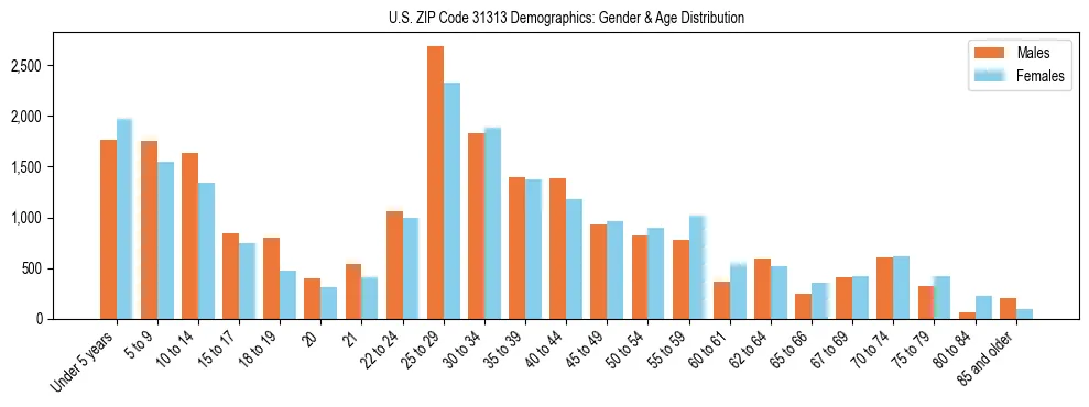 Bar chart showing the population distribution of US ZIP Code 31313 by age group and gender, based on 2023 ACS data.