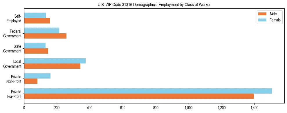 Horizontal bar chart showing employment distribution by class of worker and gender in US ZIP Code 31316, based on 2023 ACS data.
