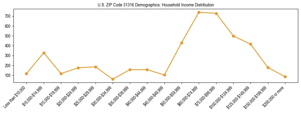 Horizontal bar chart showing household income distribution in US ZIP Code 31316.
