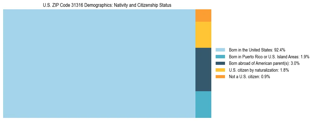 Treemap showing the population distribution by nativity and citizenship status in US ZIP Code 31316 based on U.S. Census data.