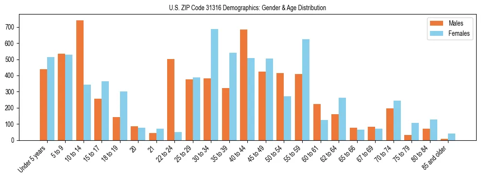 Bar chart showing the population distribution of US ZIP Code 31316 by age group and gender, based on 2023 ACS data.