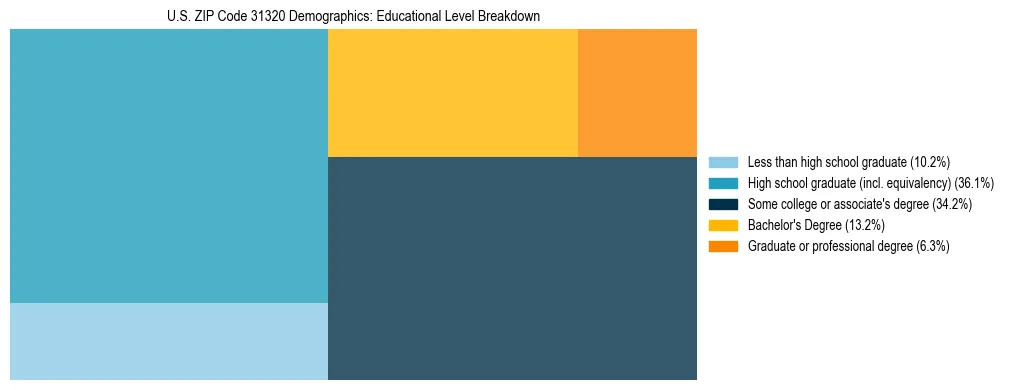 Treemap chart illustrating the educational attainment breakdown for population 25 years and over in US ZIP Code 31320.