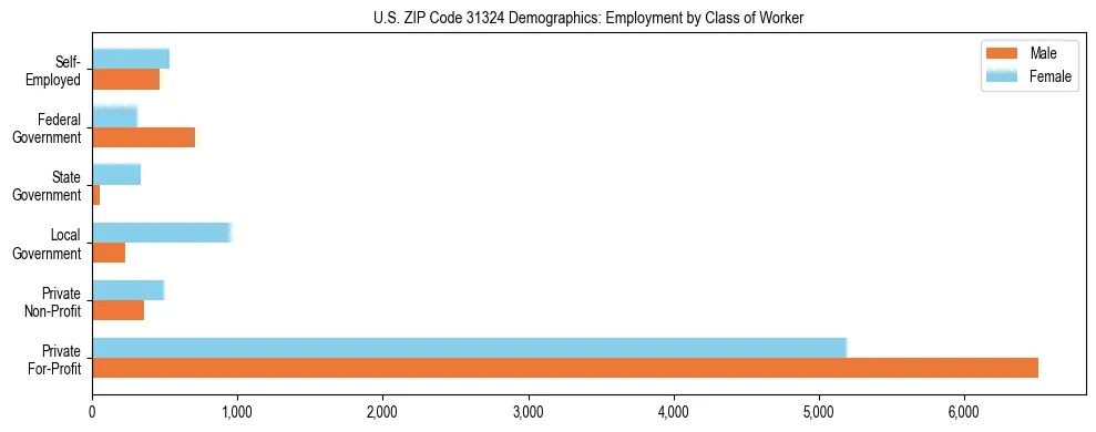 Horizontal bar chart showing employment distribution by class of worker and gender in US ZIP Code 31324, based on 2023 ACS data.
