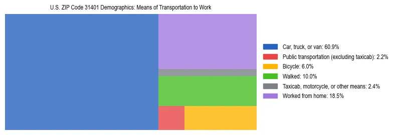 Treemap showing means of transportation to work distribution in US ZIP Code 31401.