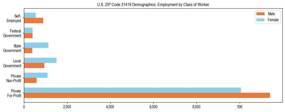 Horizontal bar chart showing employment distribution by class of worker and gender in US ZIP Code 31419, based on 2023 ACS data.